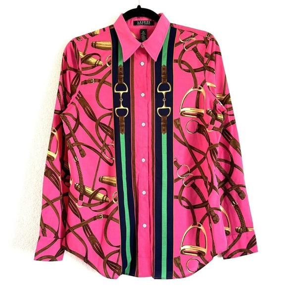 RALPH LAUREN Rare Pink Equestrian Horse Bit Stirrup Beautiful Luxury Blouse M - Picture 5 of 15